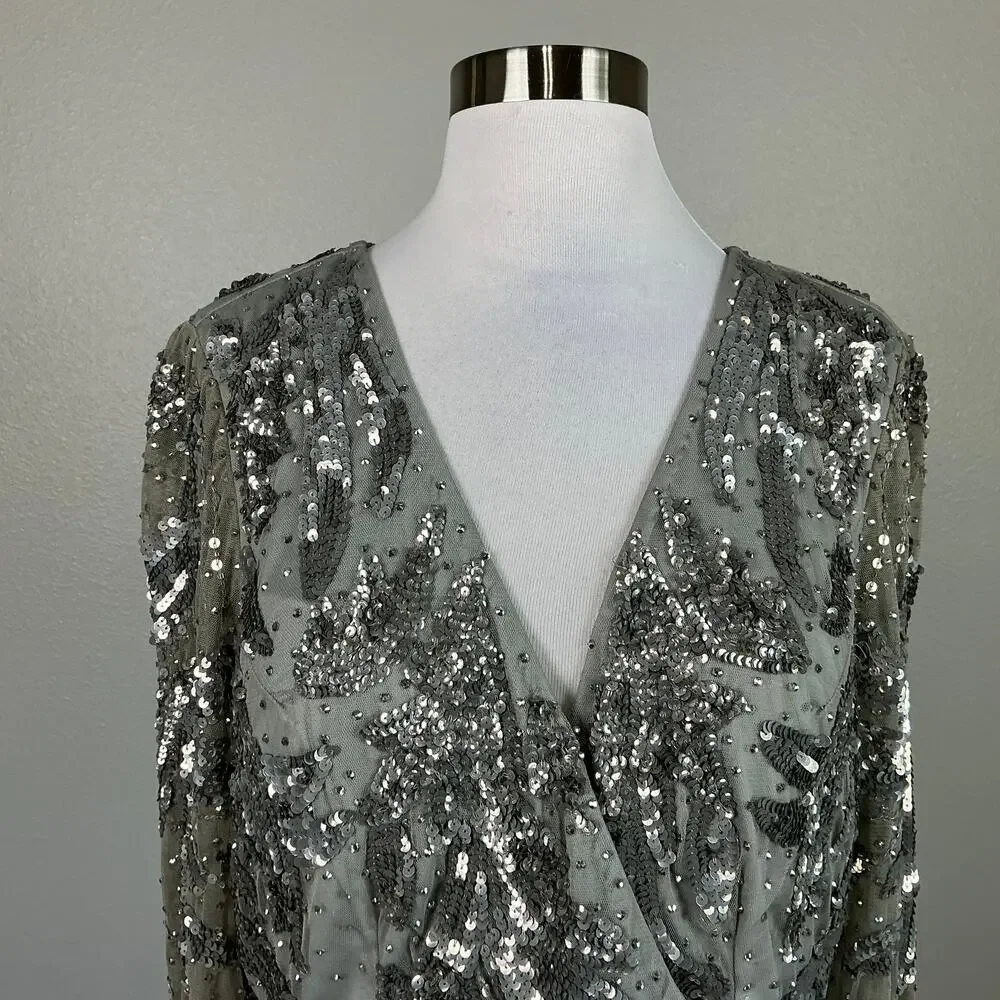 Mac Duggal 5222 Silver Evening Gown Sequined Long Sleeve A-Line Dress Size 12 - Picture 8 of 12